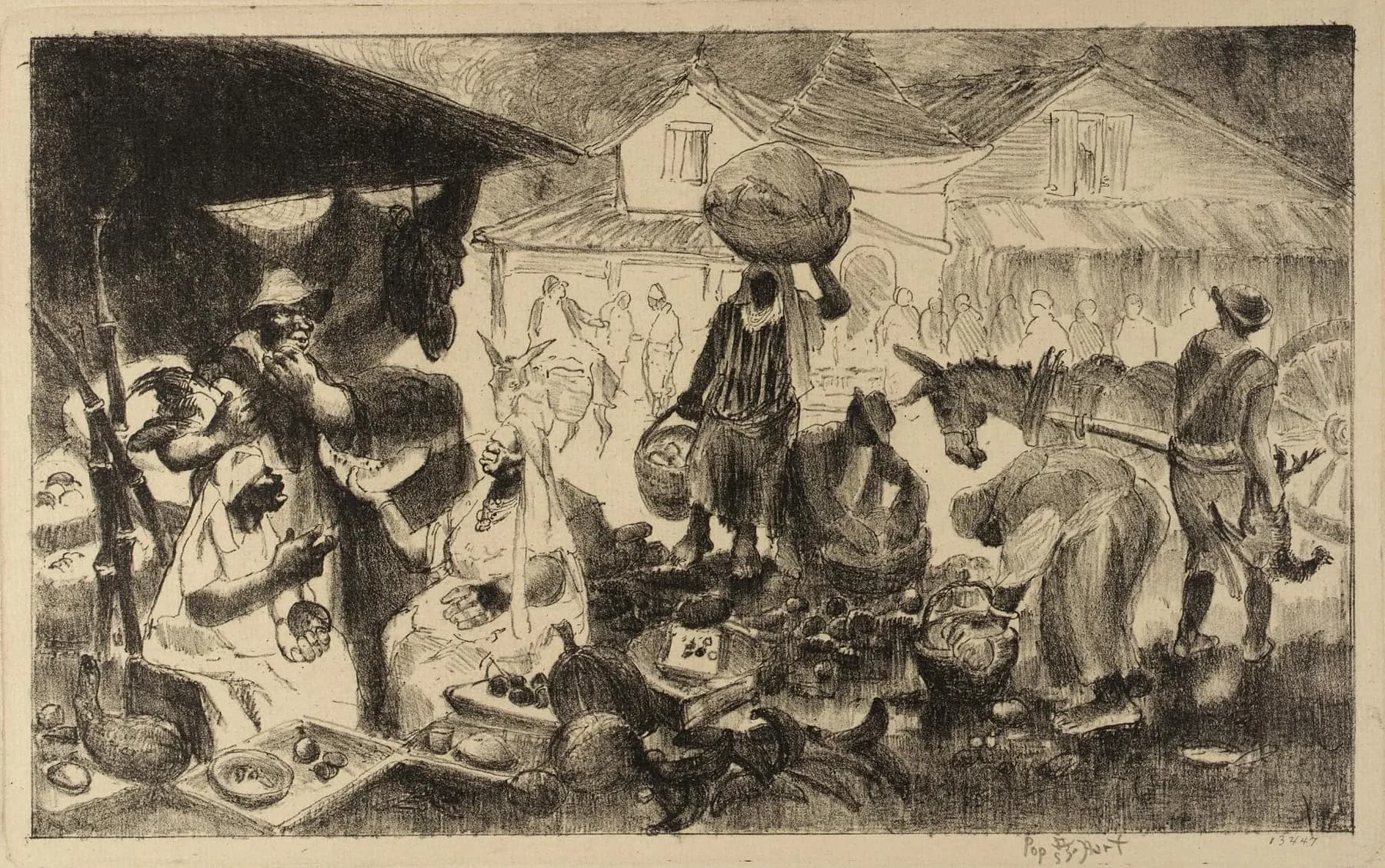 A 1924 lithograph showing people, animals and buildings in a market in Haiti.