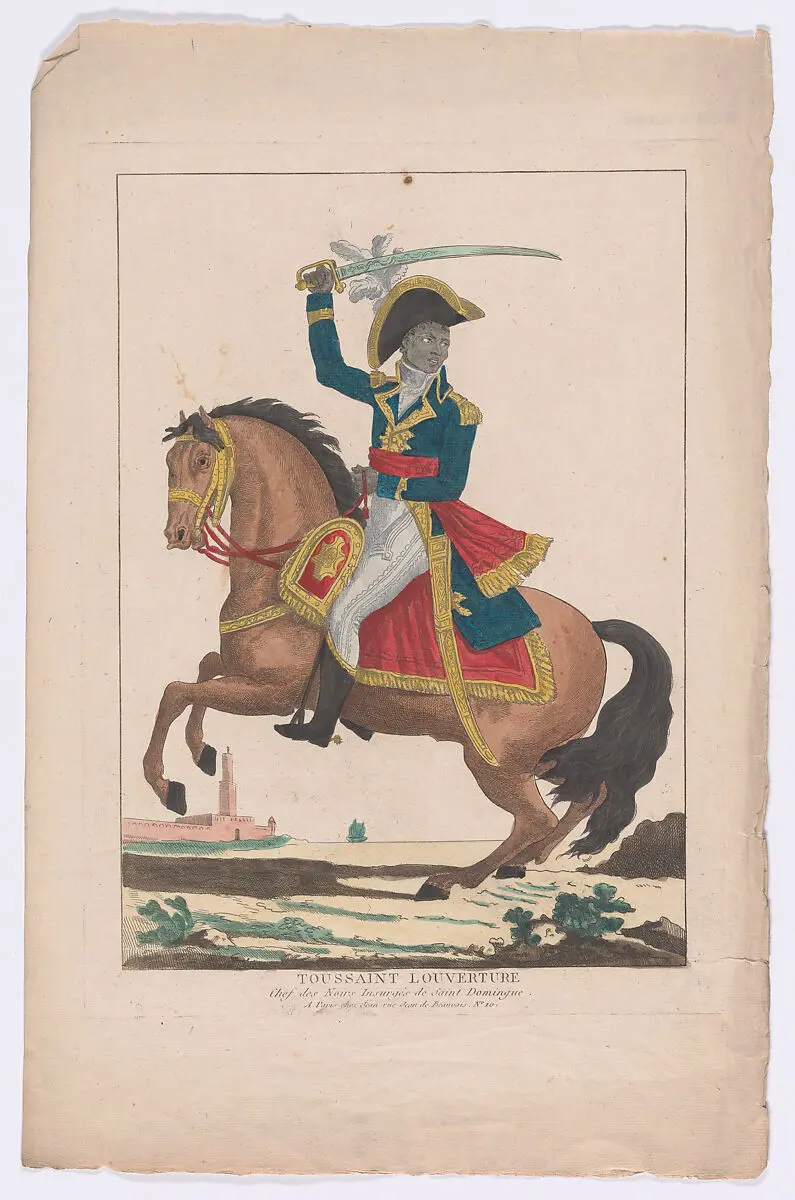 An 1802 hand-coloured etching portraying Toussaint Louverture on horseback.