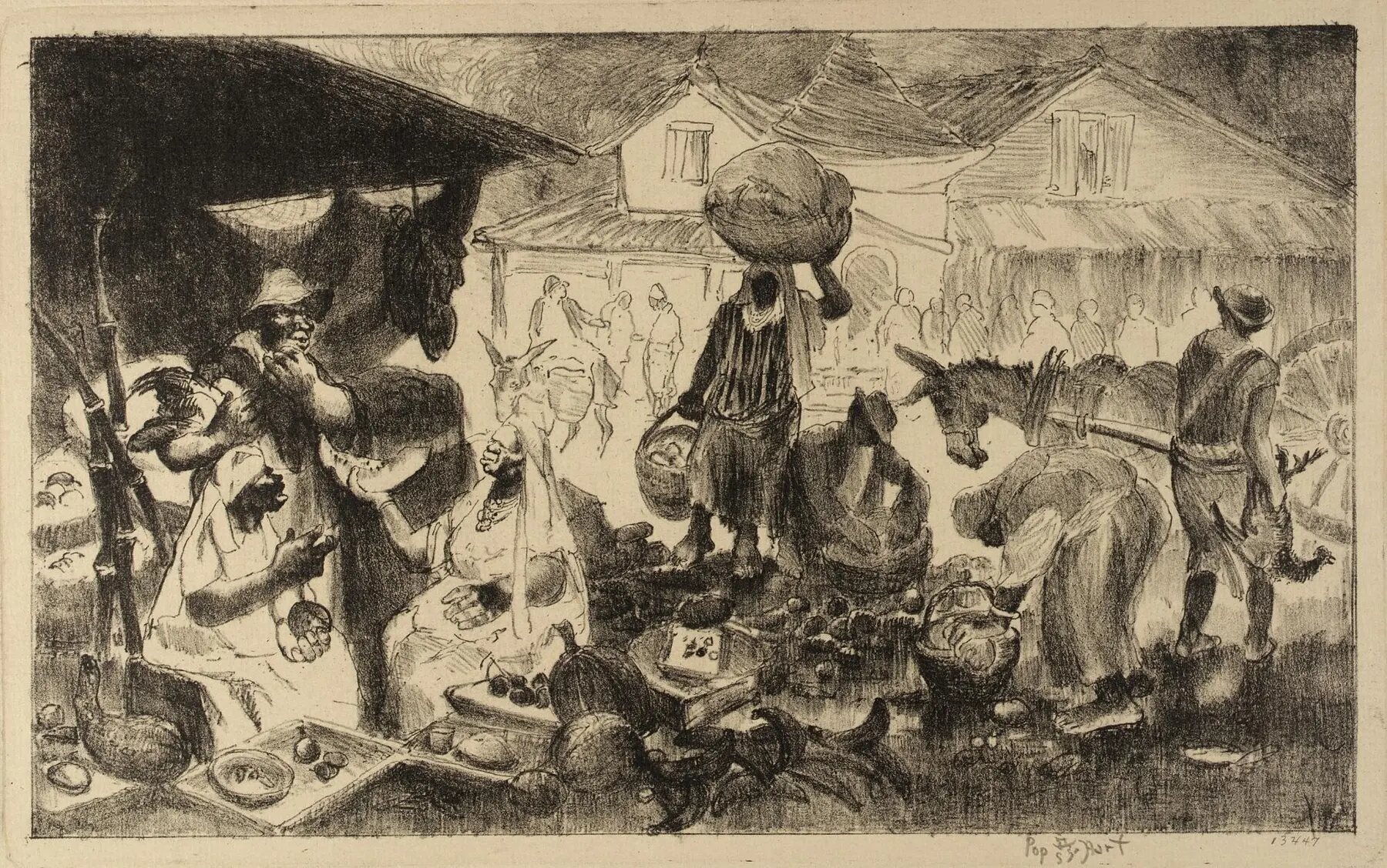 A 1924 lithograph showing people, animals and buildings in a market in Haiti.