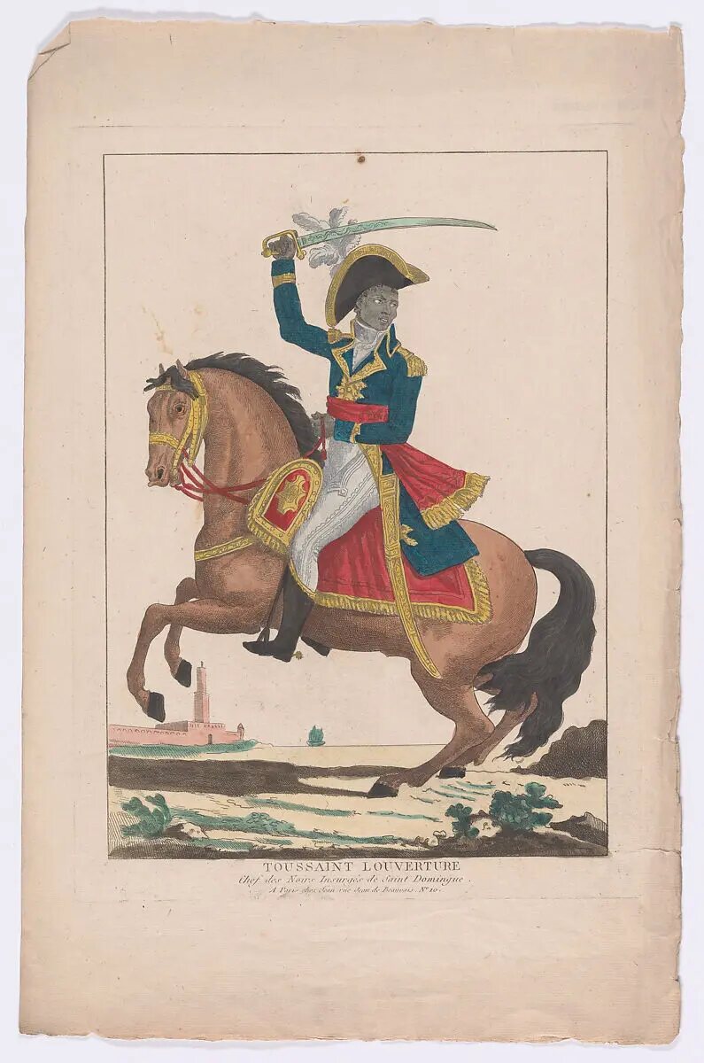 An 1802 hand-coloured etching portraying Toussaint Louverture on horseback.